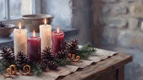 Advent candles and pine cones on linen – tonal oil painting Frame TV art