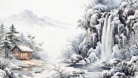 Ice-fringed waterfall in a winter gorge – zen sumi-e ink wash Frame TV art