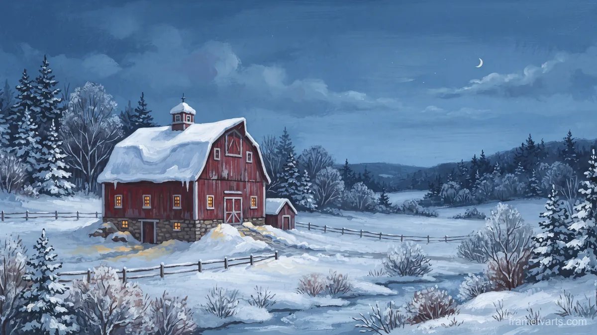 Snow on a red barn roof – storybook gouache Samsung Frame TV art, 4K