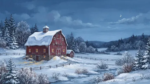 Snow on a red barn roof – storybook gouache Frame TV art
