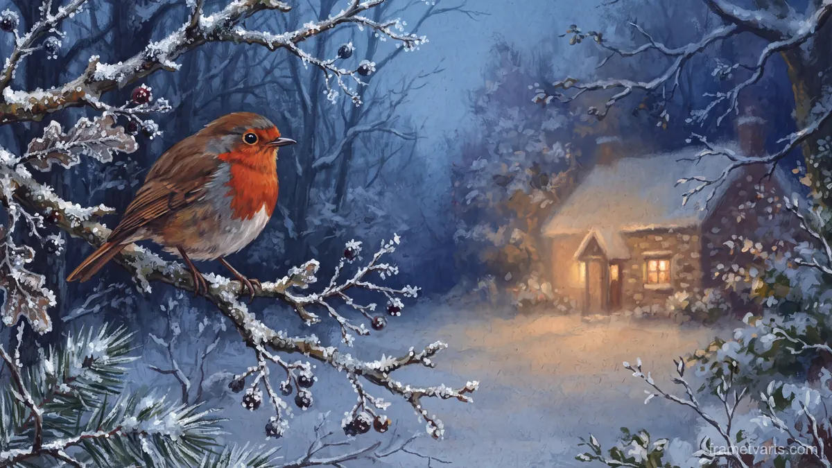Winter robin on a frosted branch – naturalist gouache Samsung Frame TV art, 4K