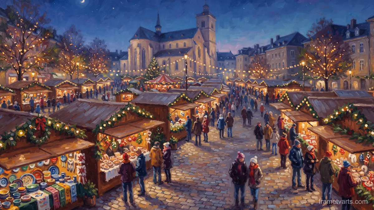 Christmas market stalls without signage – impressionist oil painting Samsung Frame TV art, 4K