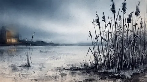 Frozen reeds at the lake edge – monochrome minimalist abstraction Frame TV art