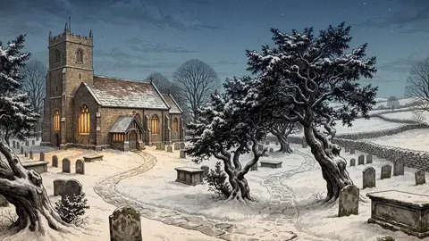 Snowy churchyard yews at dusk – vintage plate engraving Frame TV art