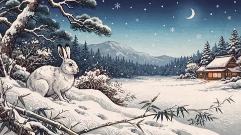 Winter hare in deep snow – japanese-inspired woodblock print Frame TV art