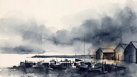 Winter harbour under low cloud – monochrome minimalist abstraction Frame TV art