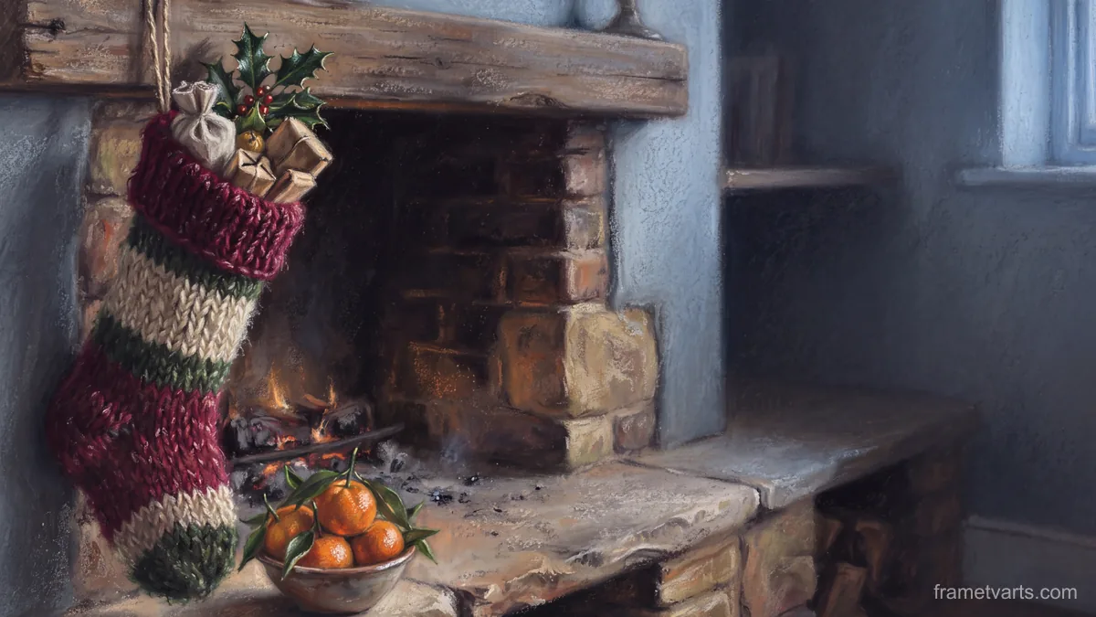 Christmas stocking and clementines by a hearth – soft pastel drawing Samsung Frame TV art, 4K