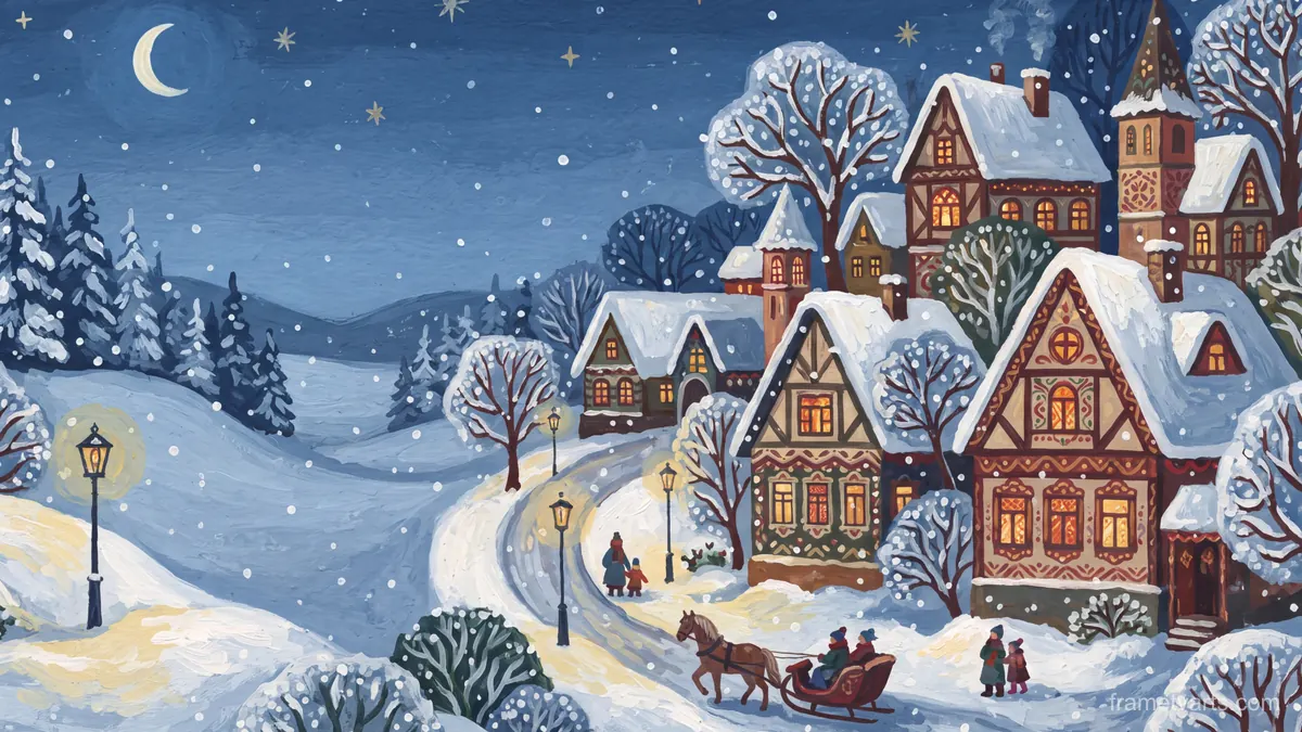 Snowy village lane with warm windows – decorative folk gouache Samsung Frame TV art, 4K