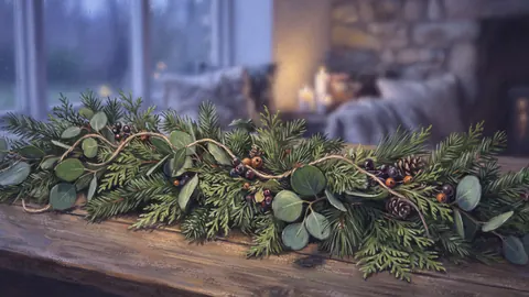 Evergreen and eucalyptus table garland – chalk pastel study Frame TV art