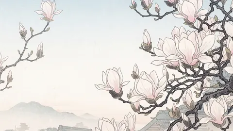Magnolia branches against a pale spring sky – japanese-inspired woodblock print Frame TV art