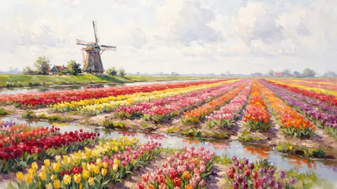 Tulip fields under a distant windmill – impressionist oil painting Frame TV art