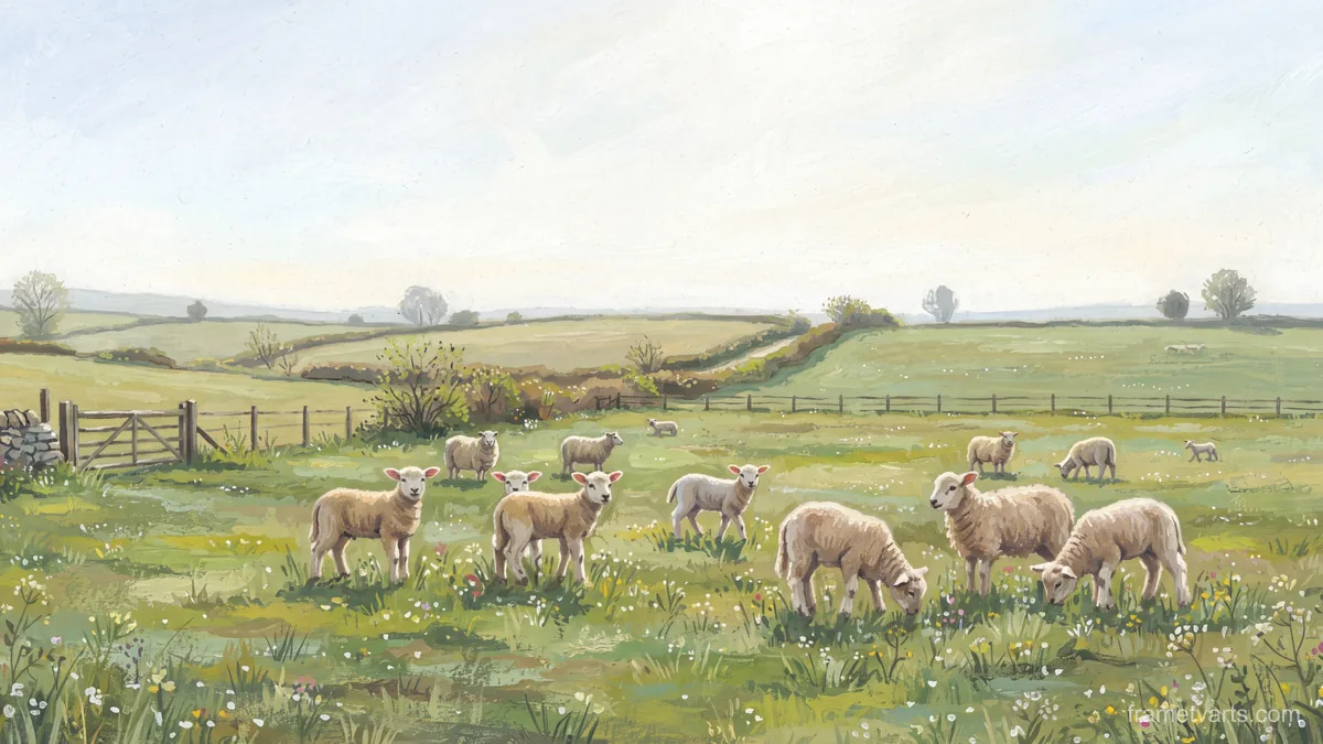 Spring lambs in a dew-lit pasture – naturalist gouache Samsung Frame TV art, 4K
