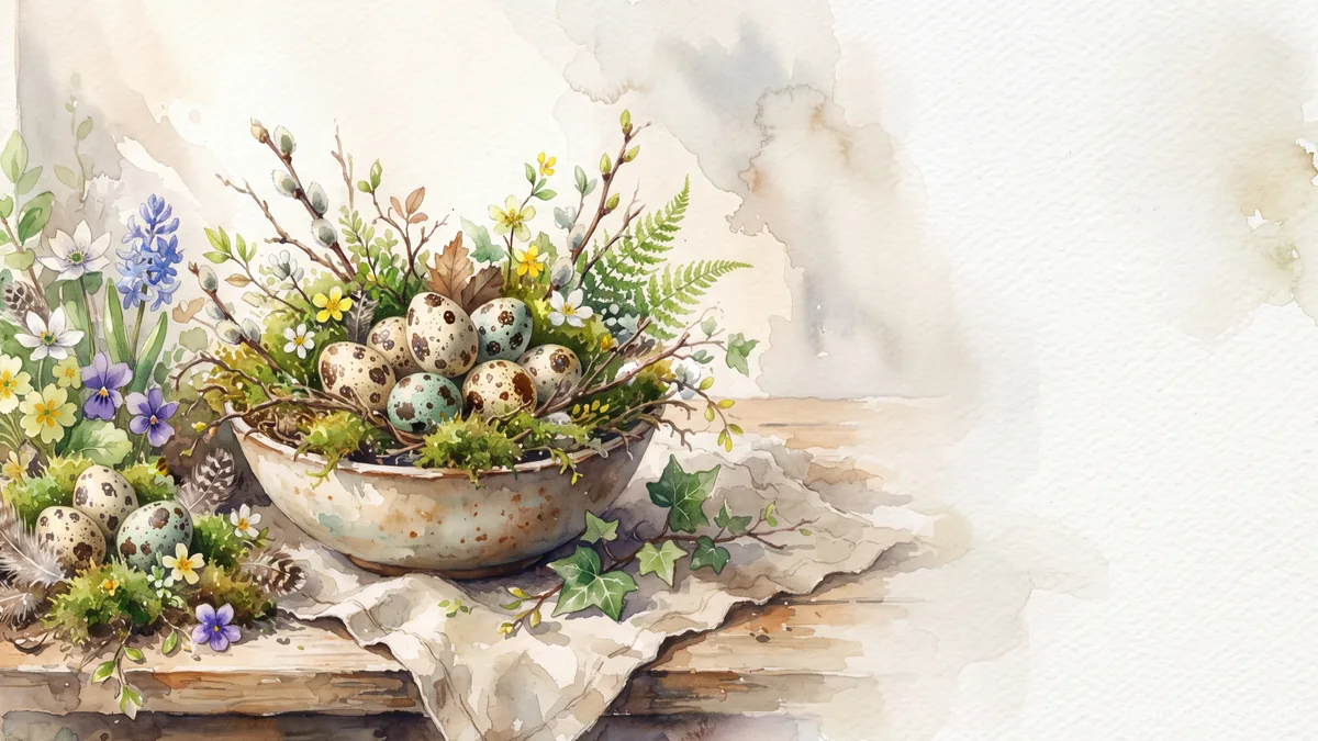 Easter still life of speckled eggs and moss – elegant watercolor Samsung Frame TV art, 4K