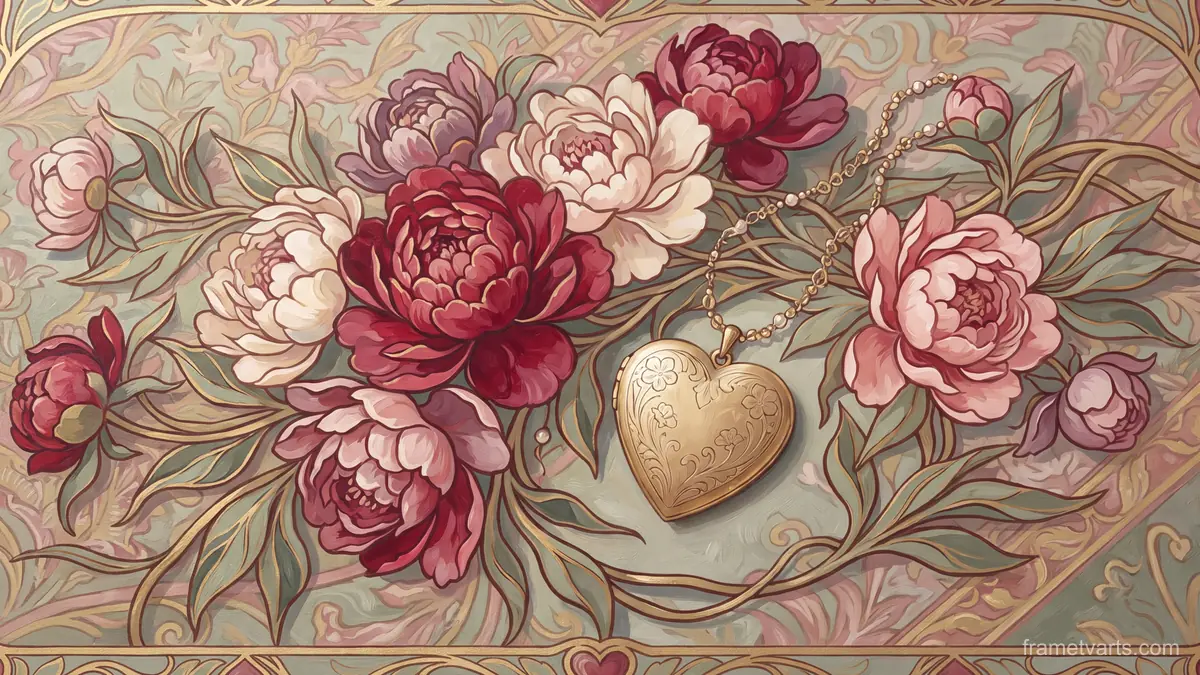 Valentine peonies and a heart-shaped locket – decorative art nouveau painting Samsung Frame TV art, 4K