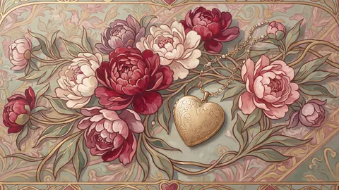 Valentine peonies and a heart-shaped locket – decorative art nouveau painting Frame TV art
