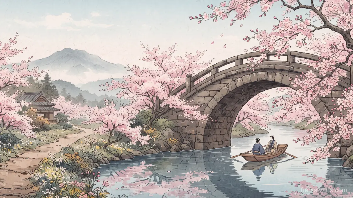 Cherry blossom over a stone bridge – japanese-inspired woodblock print Samsung Frame TV art, 4K