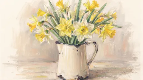 Daffodils in a chipped enamel jug – soft pastel drawing Frame TV art