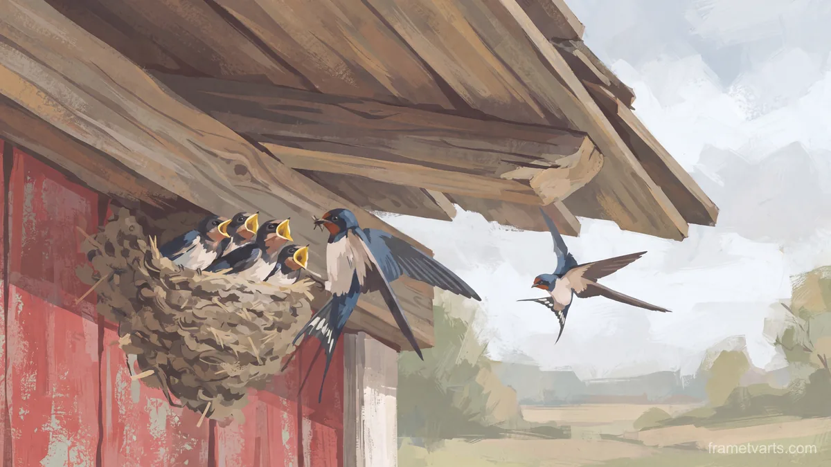 Nesting swallows under a barn eave – naturalist gouache Samsung Frame TV art, 4K