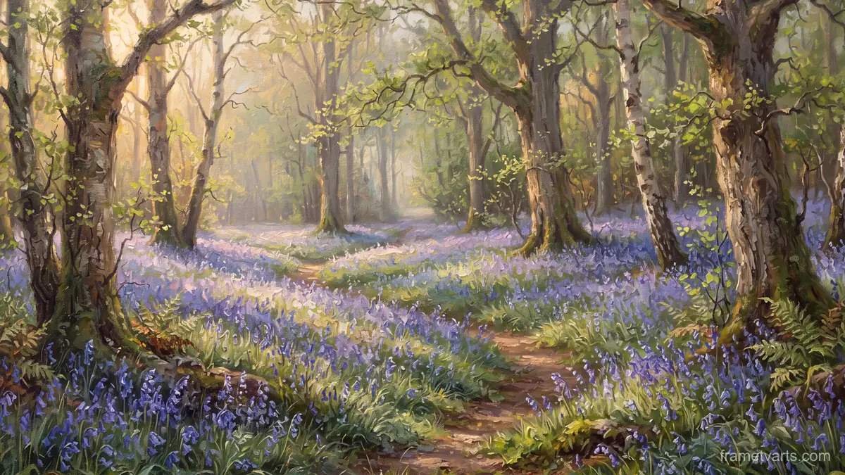 Spring bluebell wood in low sun – atmospheric oil painting Samsung Frame TV art, 4K