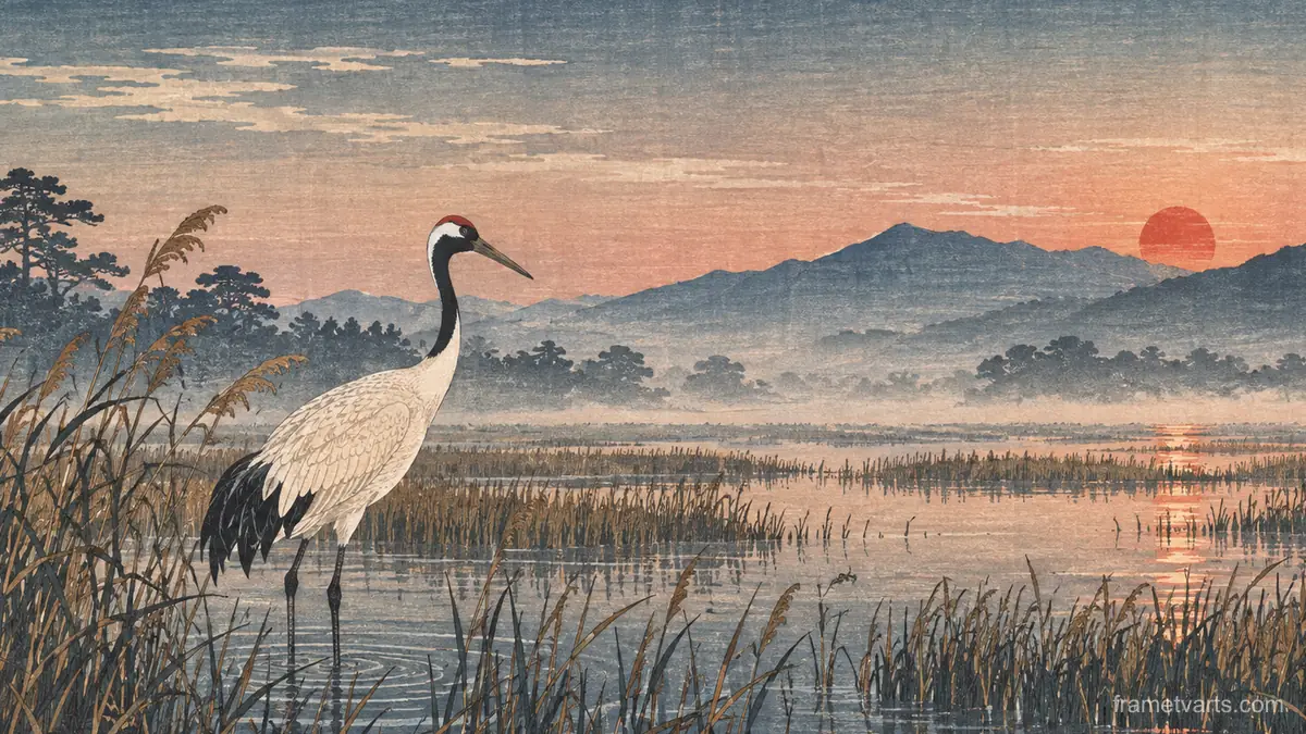 Crane wading in a reed marsh at dawn – japanese-inspired woodblock print Samsung Frame TV art, 4K