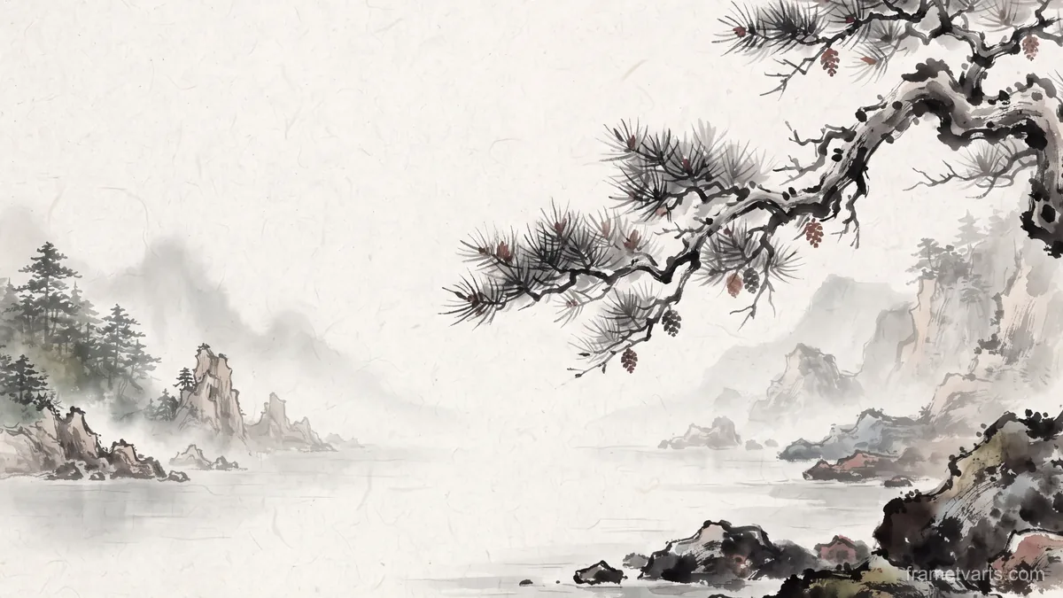 Pine branch over a rocky shoreline – zen sumi-e ink wash Samsung Frame TV art, 4K