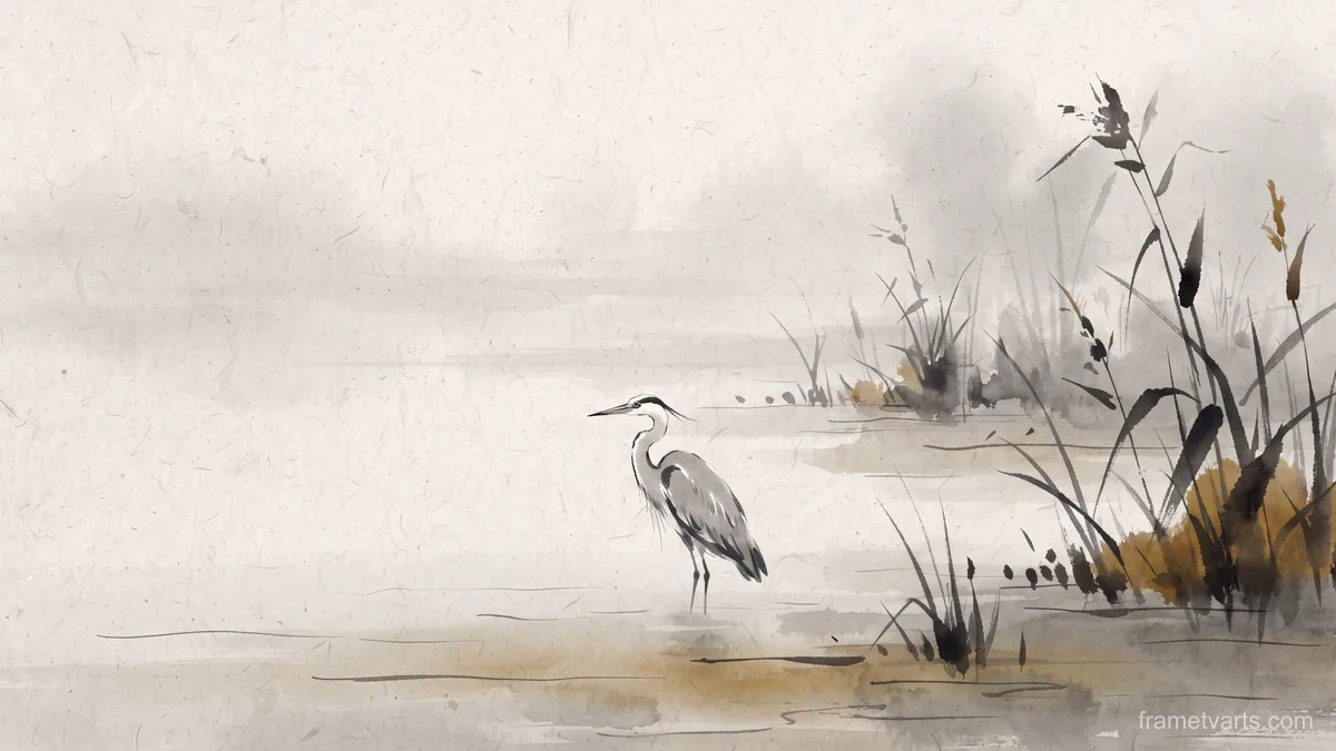 Heron and rushes in still water – japanese-inspired minimal composition Samsung Frame TV art, 4K