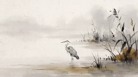 Heron and rushes in still water – japanese-inspired minimal composition Frame TV art