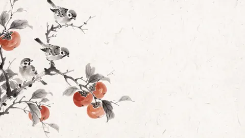 Sparrows on a persimmon branch – zen sumi-e ink wash Frame TV art