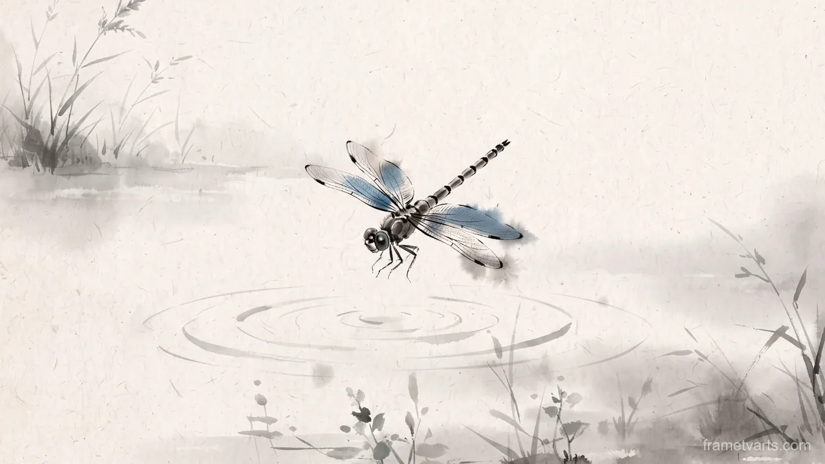 Dragonfly over a quiet pond – zen sumi-e ink wash Samsung Frame TV art, 4K