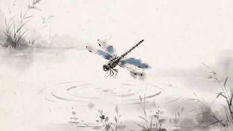 Dragonfly over a quiet pond – zen sumi-e ink wash Frame TV art