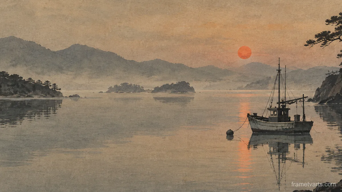 Fishing boat on a glassy inlet at dusk – japanese-inspired minimal composition Samsung Frame TV art, 4K