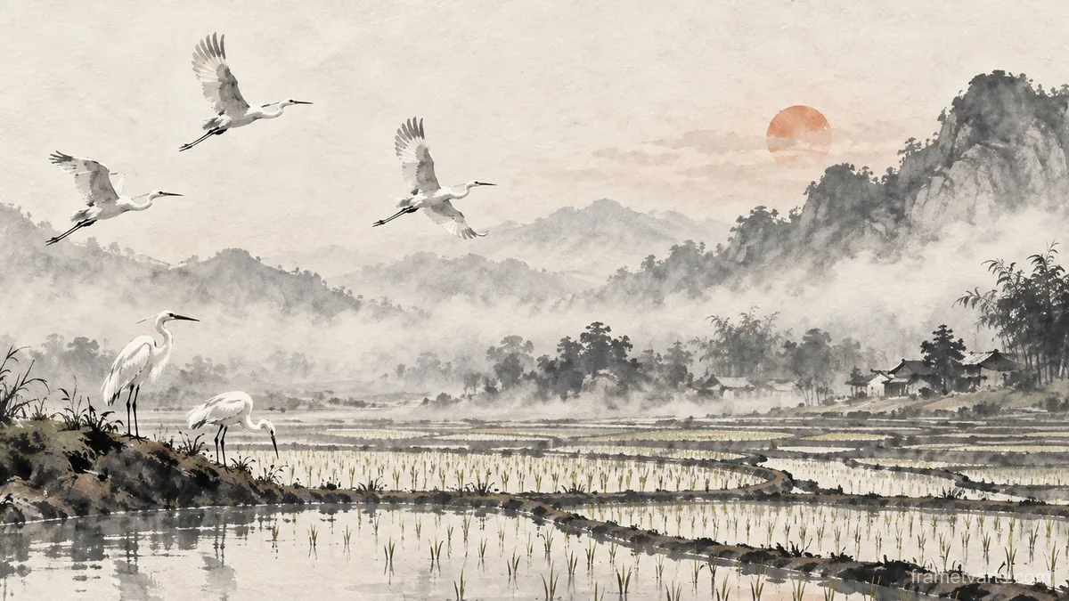 Egrets over flooded paddy terraces – zen sumi-e ink wash Samsung Frame TV art, 4K