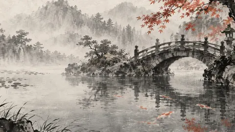 Carp pond bridge in soft rain – zen sumi-e ink wash Frame TV art