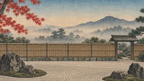 Bamboo fence and raked gravel – japanese-inspired woodblock print Frame TV art