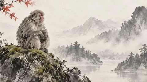 Macaque resting on a mossy boulder – zen sumi-e ink wash Frame TV art