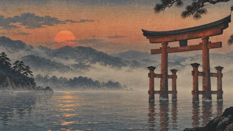 Torii silhouette in evening mist – japanese-inspired woodblock print Frame TV art