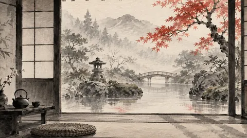 Tea house window onto a garden – zen sumi-e ink wash Frame TV art