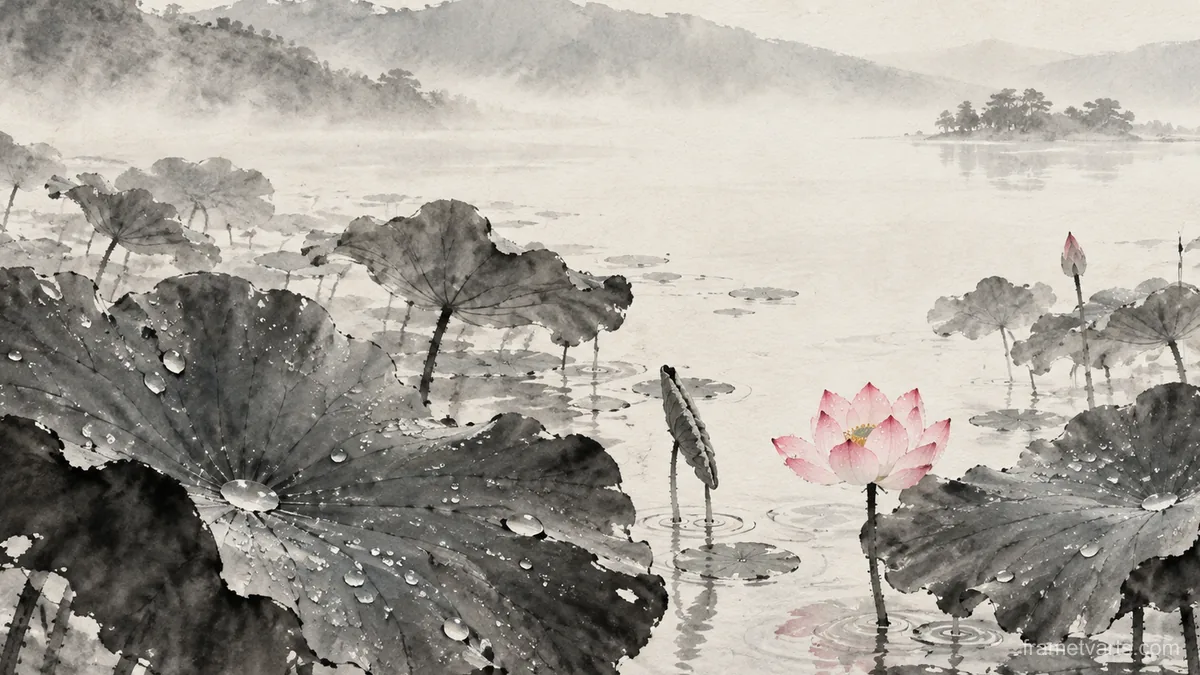 Lotus leaves after rain – zen sumi-e ink wash Samsung Frame TV art, 4K