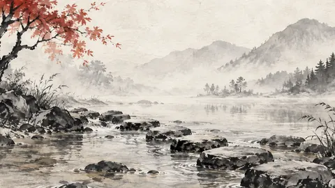 Stepping stones across a shallow stream – zen sumi-e ink wash Frame TV art