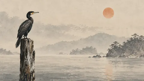 Cormorant on a weathered post – japanese-inspired minimal composition Frame TV art