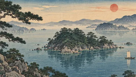 Pine island in a calm bay – japanese-inspired woodblock print Frame TV art