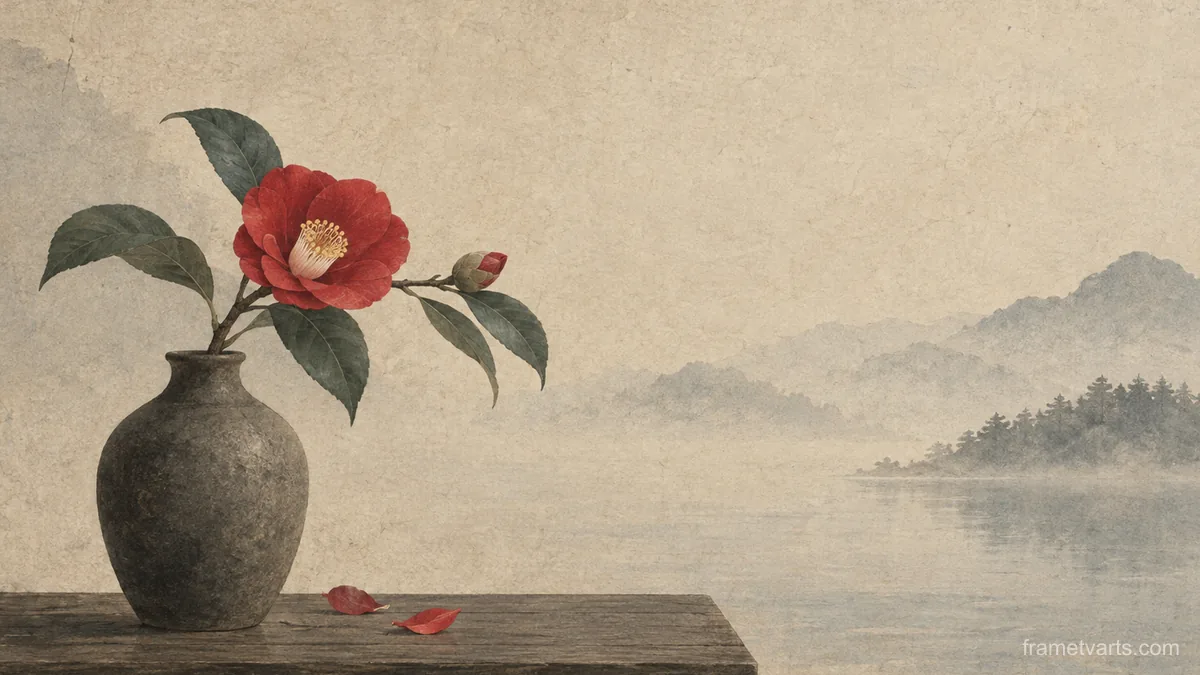 Camellia in a simple vase – japanese-inspired minimal composition Samsung Frame TV art, 4K