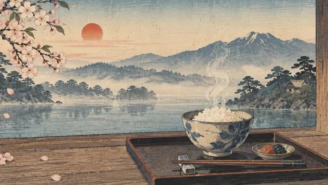 Rice bowl and chopsticks on a tray – japanese-inspired woodblock print Frame TV art