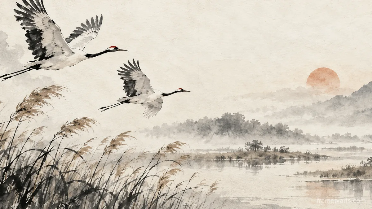 Crane pair in flight over reeds – zen sumi-e ink wash Samsung Frame TV art, 4K