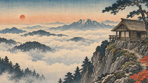 Mountain hut above a cloud sea – japanese-inspired woodblock print Frame TV art