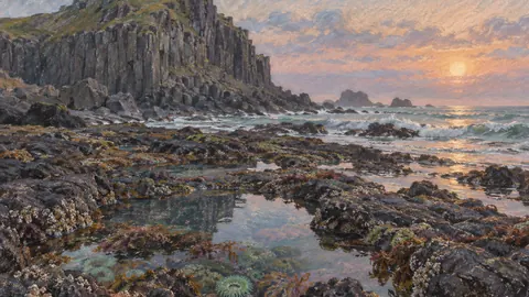 Tide pools below a basalt headland – soft pastel drawing Frame TV art