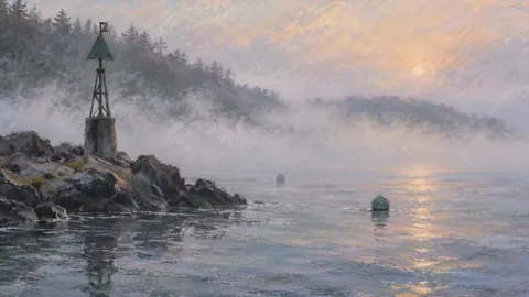 Sea fog rolling past a channel marker – chalk pastel study Frame TV art