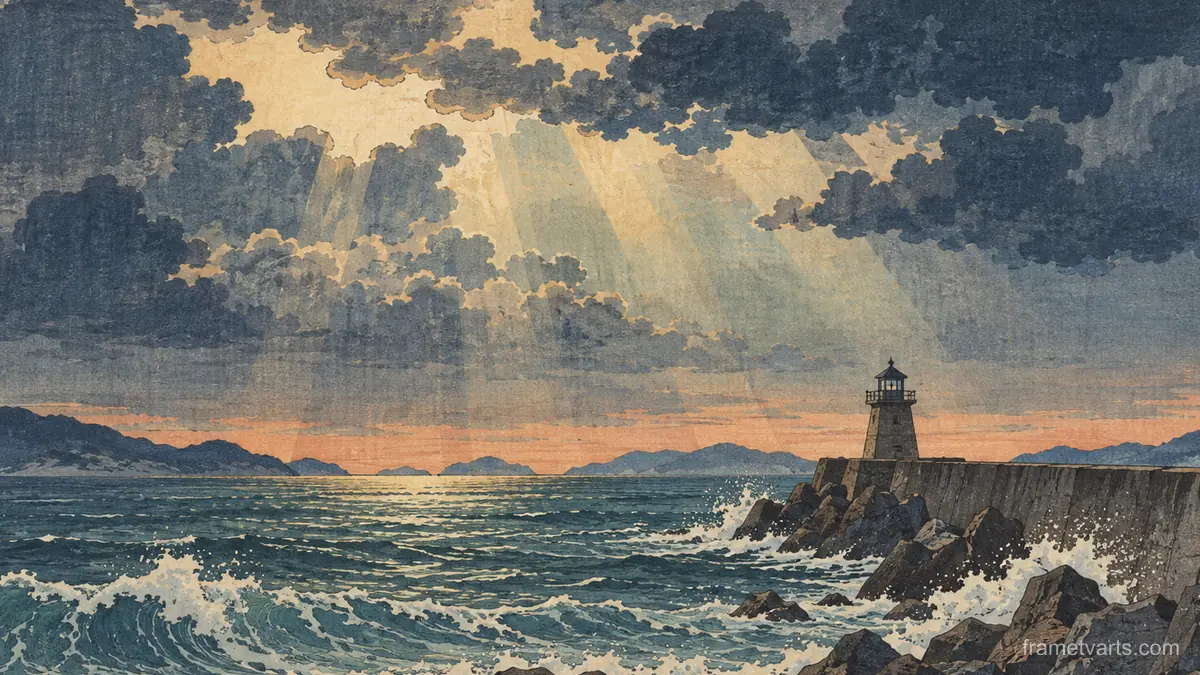 Storm light over a breakwater – japanese-inspired woodblock print Samsung Frame TV art, 4K