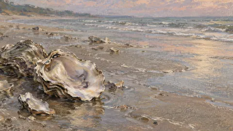 Oyster shells on wet sand – chalk pastel study Frame TV art