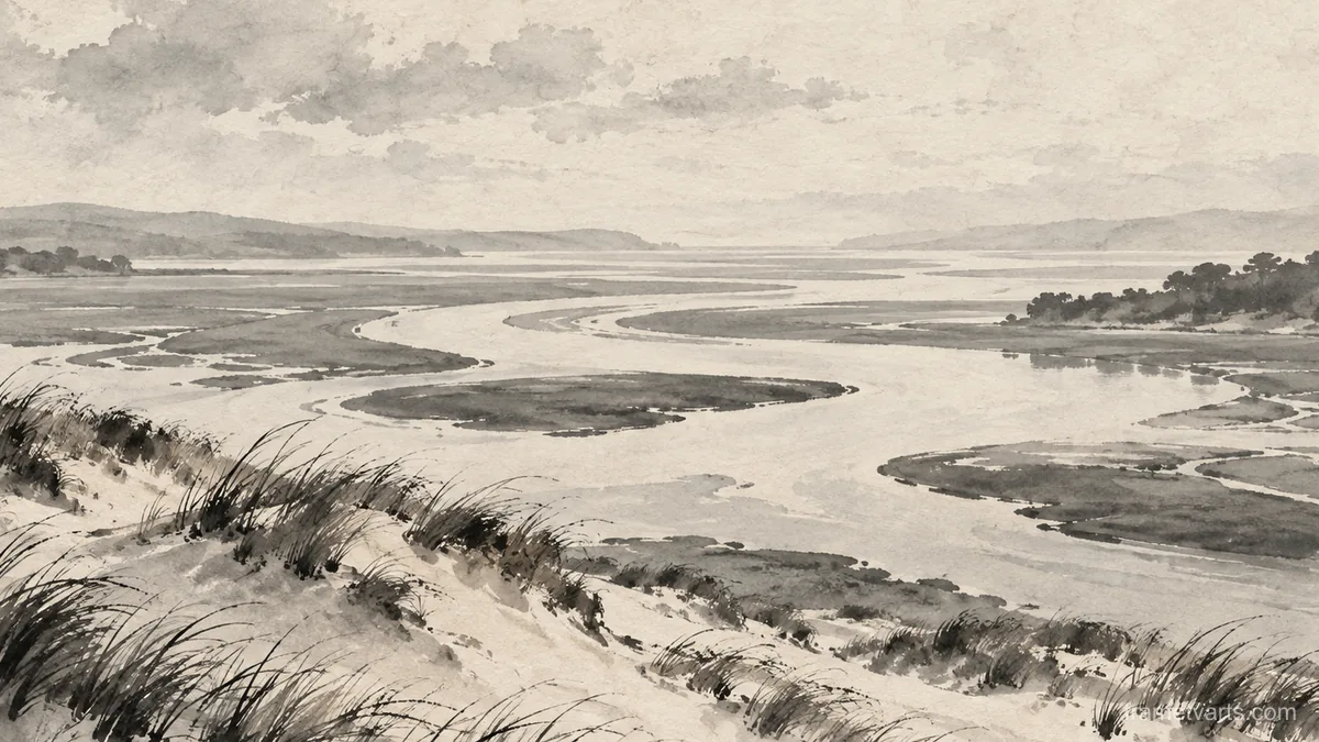 Estuary channels seen from the dunes – zen sumi-e ink wash Samsung Frame TV art, 4K